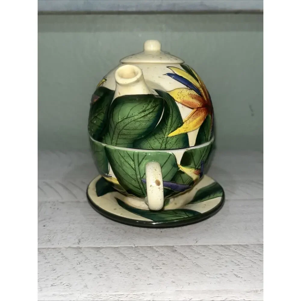 Island Plantations Hand Painted Floral Ceramic Set 8oz Teapot Cup Saucer Lid
